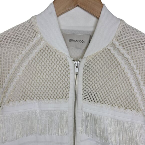 Emma Cook Isabella Cotton Bomber White/Ivory Womens SZ 8 Fringe/Mesh Zip Up NEW - Picture 4 of 11